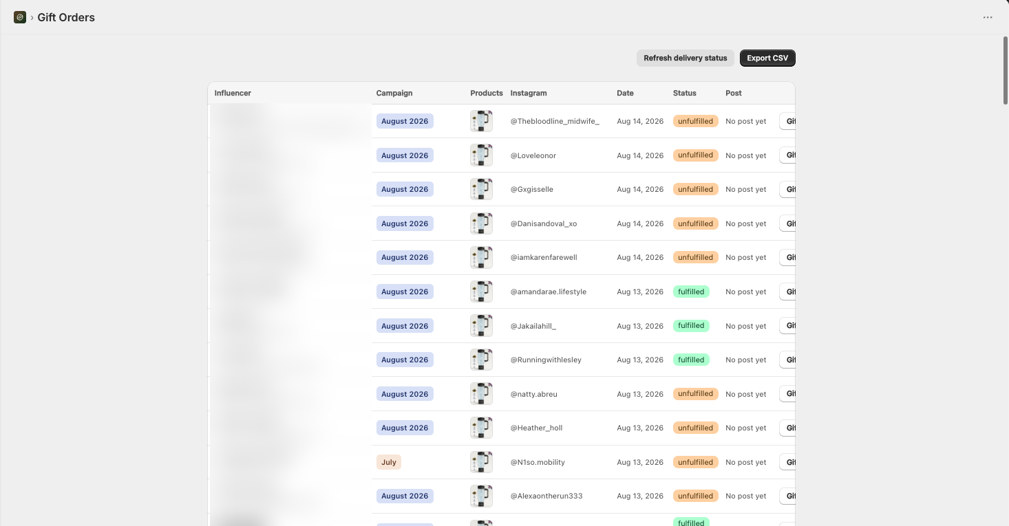 Seed gift orders table listing creators, campaign, product and fulfilment status